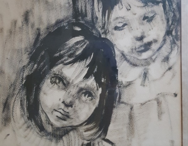 cuadro retrato de niñas ( tinta china ) Cod 22971