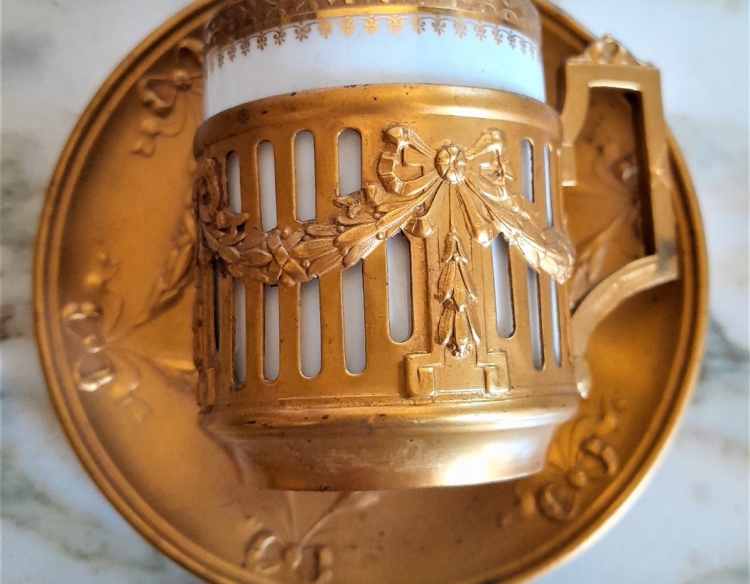 Pocillos Porcelana De Limoges Oro Con Plato Y Asa Vermeil