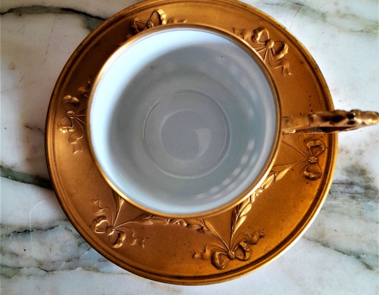 Pocillos Porcelana De Limoges Oro Con Plato Y Asa Vermeil