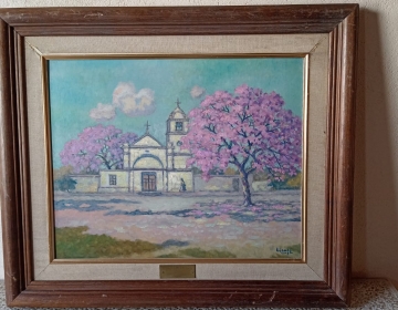 Oleo CERTIFICADO "Capilla con lapachos", Carlos Alberto Longa