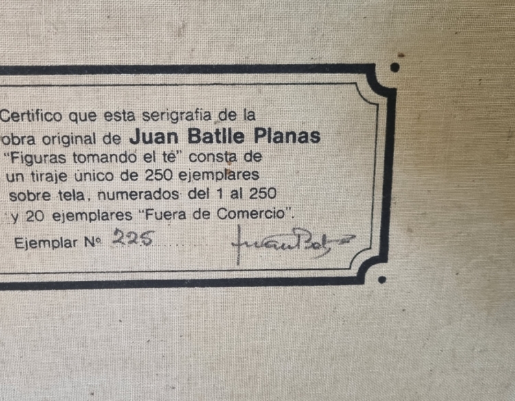 VENDO SERIGRAFÍA ORIGINAL JUAN BATLLE PLANAS FIGURAS TOMANDO EL TE CERTIFICADA Y NUMERADA 